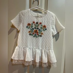 Swiss dot shirt sleeve floral embroidered shirt for girls